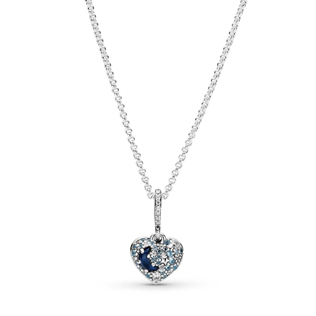 Sparkling Blue Moon & Stars Heart Neckla