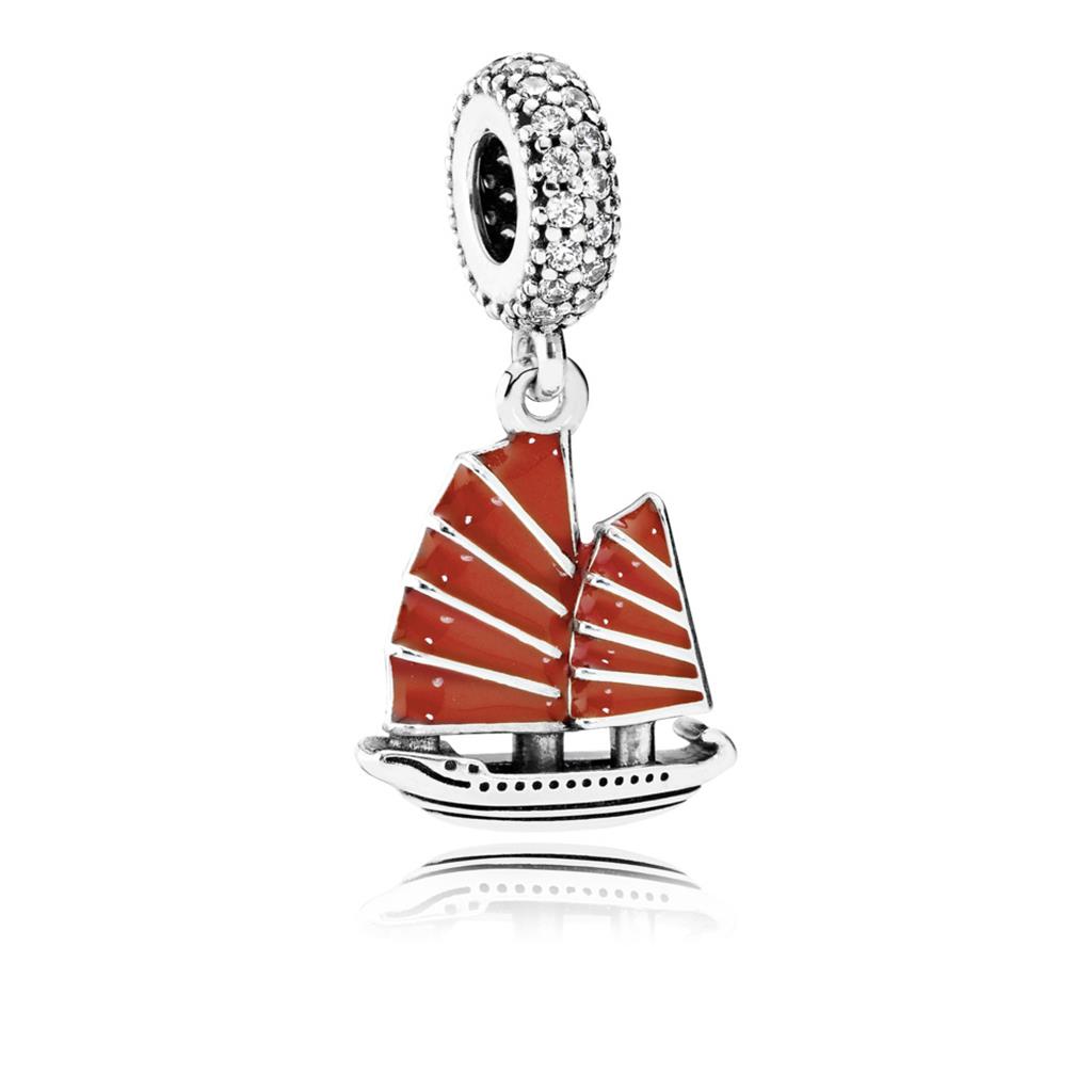 Chinese Junk Ship, Red Enamel & Clear CZ