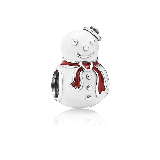 happy snowman, white & red enamel