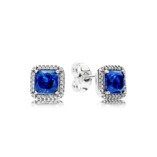 Blue Square Sparkle Halo Stud Earrings