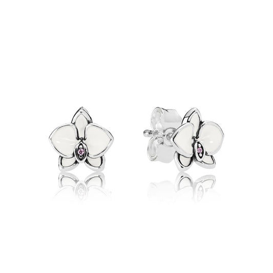 Orchids, White Enamel & Clear CZ