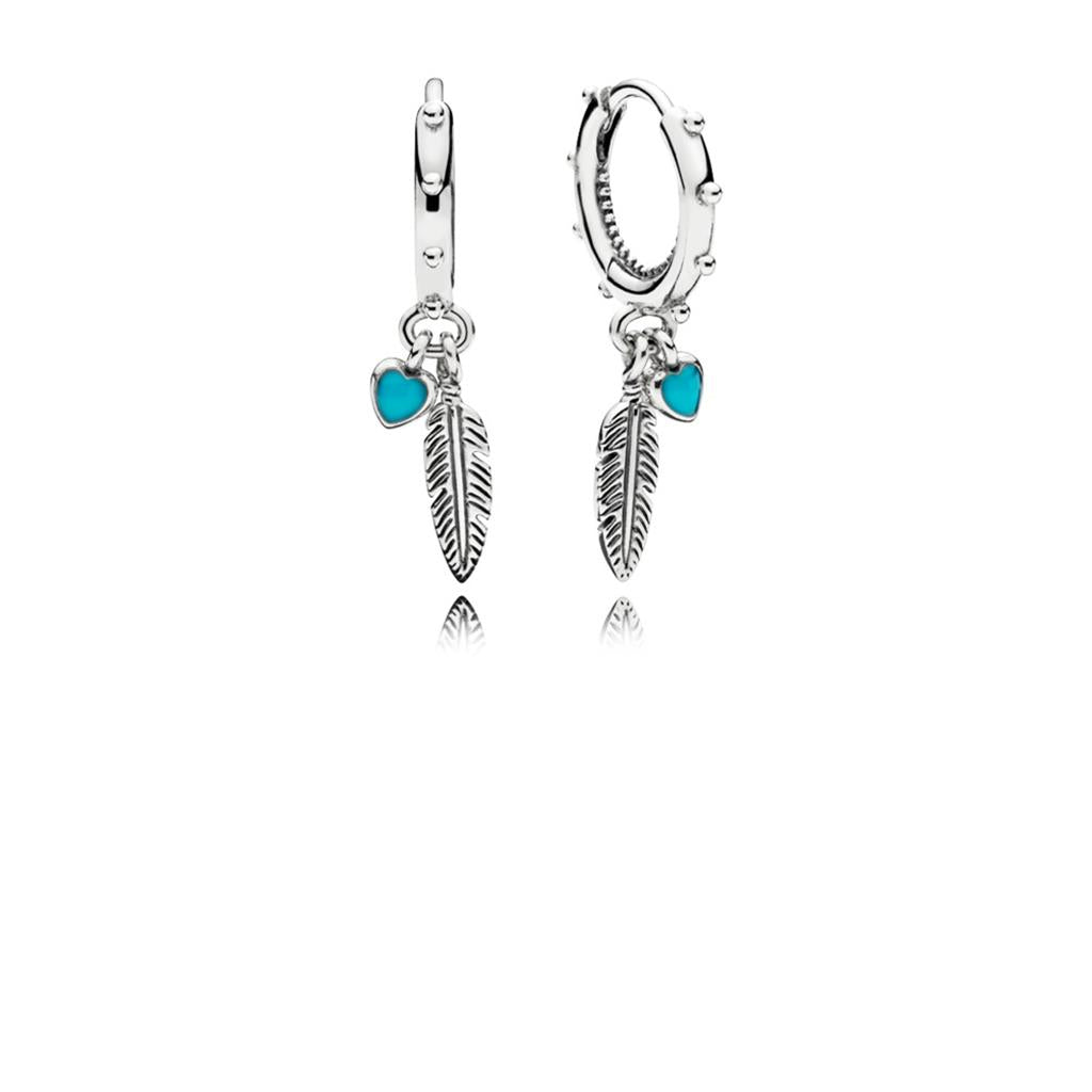 Turquoise Hearts & Feather Hoop Earrings